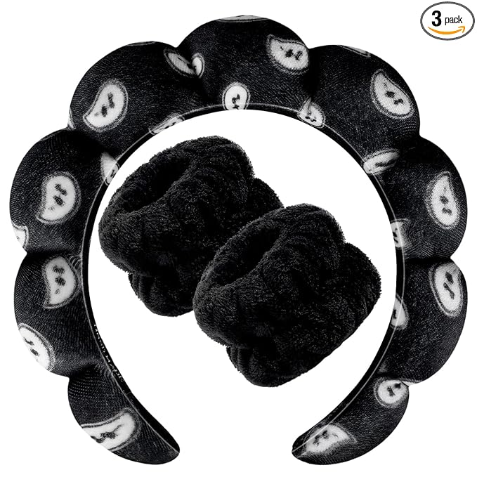 Zkptops Spa Headband for Washing Face Wristband Set Sponge Makeup SkincareVelvet Fabric Bubble Soft Get Ready Hairbands for Women Puffy Headwear Non Slip Thick Thin Hair Accessory (Black Nuts)