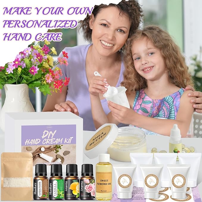 JCOOS Hand Cream Making Kit, Lotion Kit, DIY Handcream For Very Dry Hands, Almond Oil, Vitamin E, Tube, Essential Oils, Natural Whipped Shea Butter Body Butter Making Kit Gifts for Women