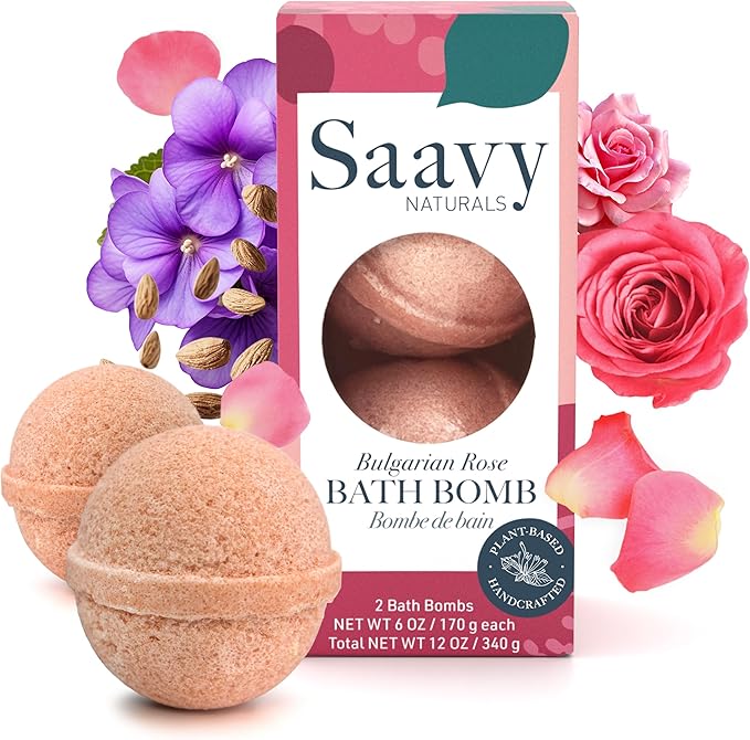 Saavy Naturals Bath Bombs – Relaxing Foaming Fizz Bubbles, Organic Bath Bombs for Women and Kids with Jojoba Oil - Gentle for Sensitive Skin - Made in USA - Bulgarian Rose (1 Pack) - 12 oz