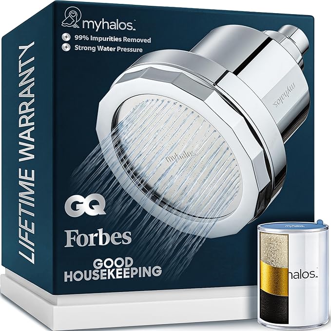 MyHalos® Filtered Shower Head for Hard Water Filter - High Pressure, Removes Chlorine - Shower Head Filter for Hard Water Softener Showerhead, Easy Install, For Hair & Skin, Filtering (Chrome)