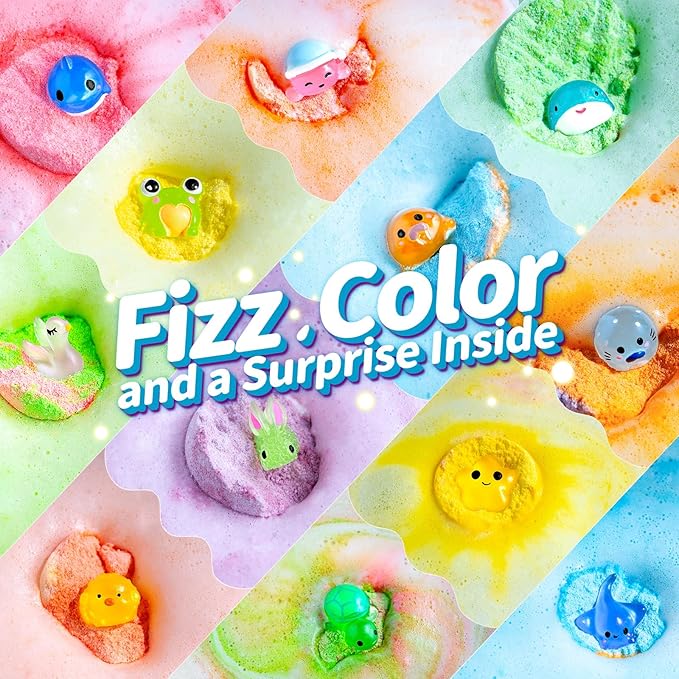 Bath Bombs for Kids with Surprise Inside – 24 Pack Handmade Bath Bombs with Glow-in-the-Dark Land & Sea Toys, Fizzy Bath Salt Balls, Birthday Party Favors for Boys and Girls
