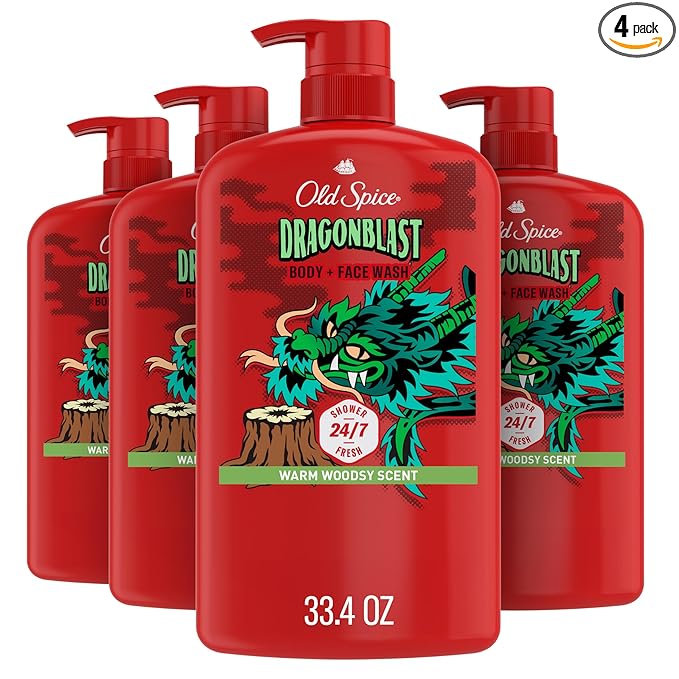 Old Spice Cleansing Body Wash for Men, 3X Defense, 24/7 Shower Fresh with Lasting Scent, 2-in-1 Body & Face Wash, Dragonblast Scent, 33.4 (Pack of 4)