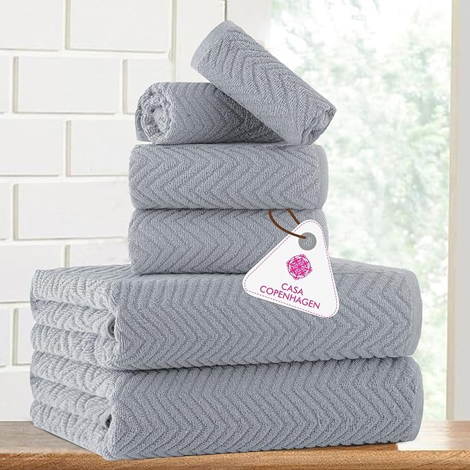 CASA COPENHAGEN Wave Textured 6 Piece Towel Set- Grey Violet, 550 GSM 2 Bath Towel 2 Hand Towel 2 Washcloth, Rough & Tough Use Cotton Towels Gift Set for Bathroom