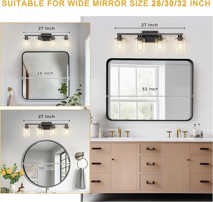 L LOHAS LED 4 Light Bathroom Light Fixtures, Black Vanity Lights for Bathroom, Vanity Lights for Mirror Bedroom Hallway