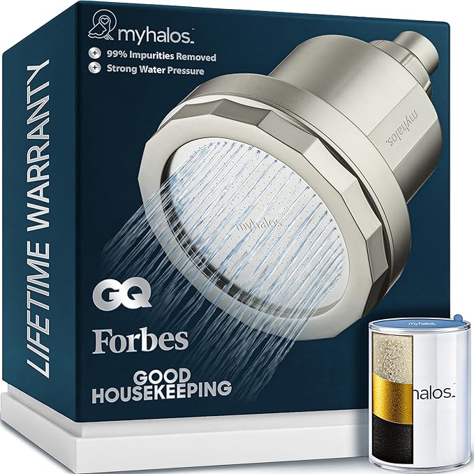 MyHalos® Filtered Shower Head for Hard Water Filter - High Pressure, Removes Chlorine - Shower Head Filter for Hard Water Softener Showerhead, Easy Install, For Hair & Skin, Filtering (Brushed Metal)
