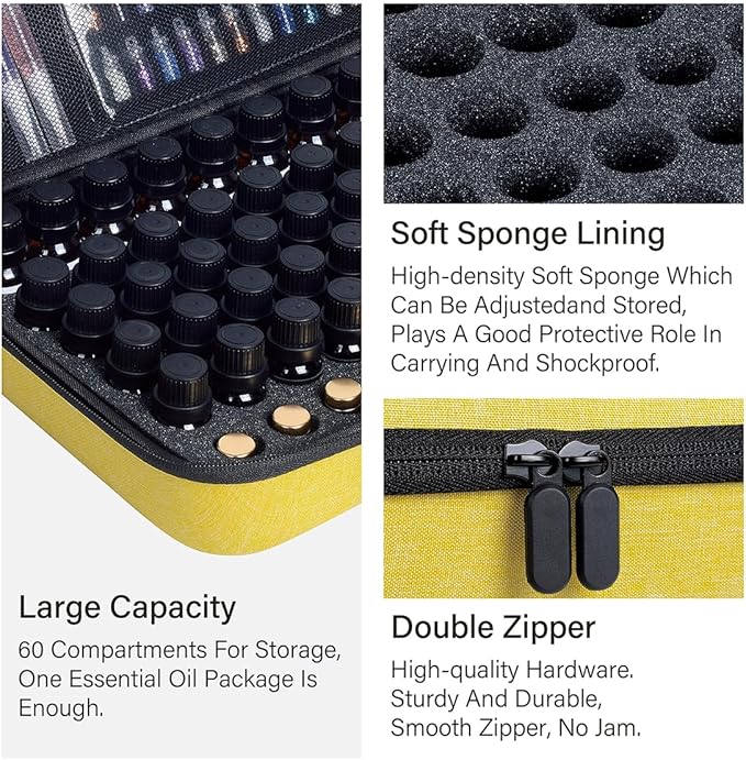 Essential Oils Carrying Case Holds 60 Grids for 1-3ML Roller Bottles 5ml, 10ml, 15ml Bottles Storage Organizer Bag Hard Shell EVA, Essential Oil Bag with Detachable Sponge Pad Yellow