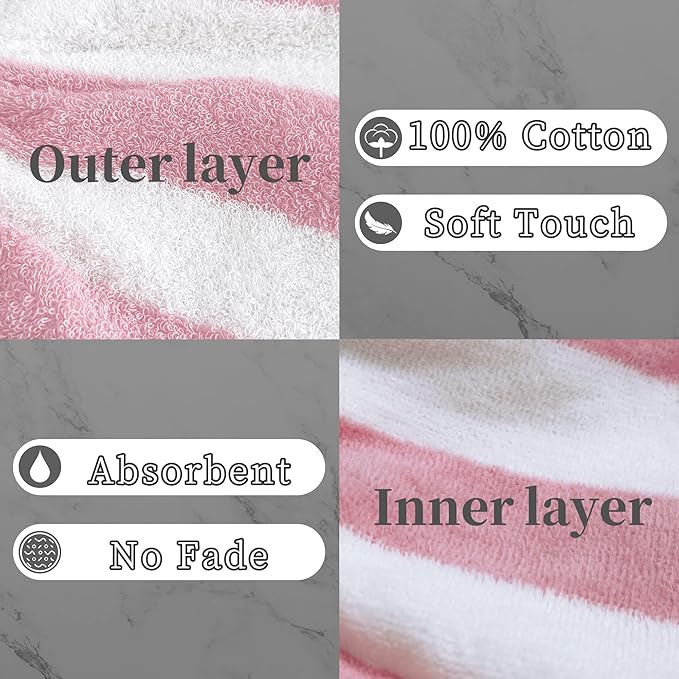 VOOVA & MOVAS 6-Pack Bath Mitts for Shower, 100% Cotton Soft Absorbent Wash Cloths with Hanging Loop, 8.3x6.3 Inch European Style Bathing Gloves for Body & Spa, Pink Stripe & White