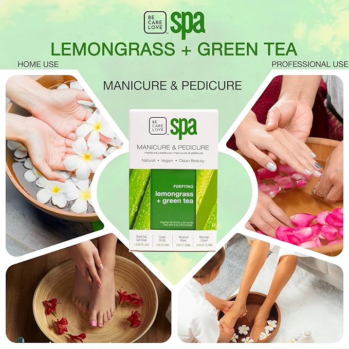 Lemongrass + Green Tea 4-in-1 Manicure & Pedicure Spa Set – Exfoliate, Hydrate & Refresh Skin | Dead Sea Salt Soak, Sugar Scrub, Moisture Mask & Massage Cream | Professional & Home Uses