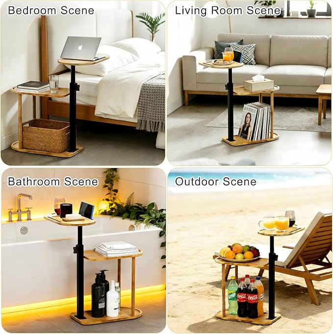 3-Tier Freestanding Bathtub Tray Table, Adjustable Bamboo Bath Caddy with Swivel Design, Standing Bath Shelf for Home Spa, Natural