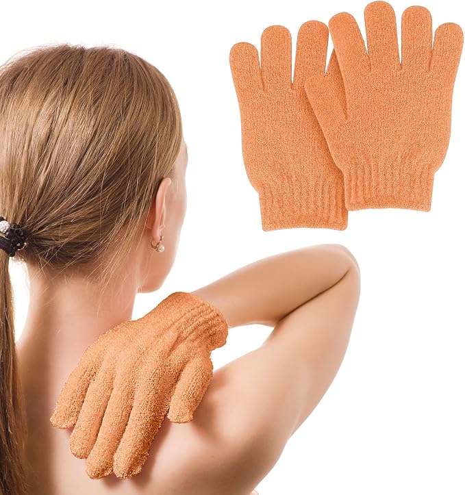 MOLOPPO 2 PCS Exfoliating Glove, Scrub Gloves Exfoliating, loofah, Body Exfoliator, Bath Gloves（Orange）