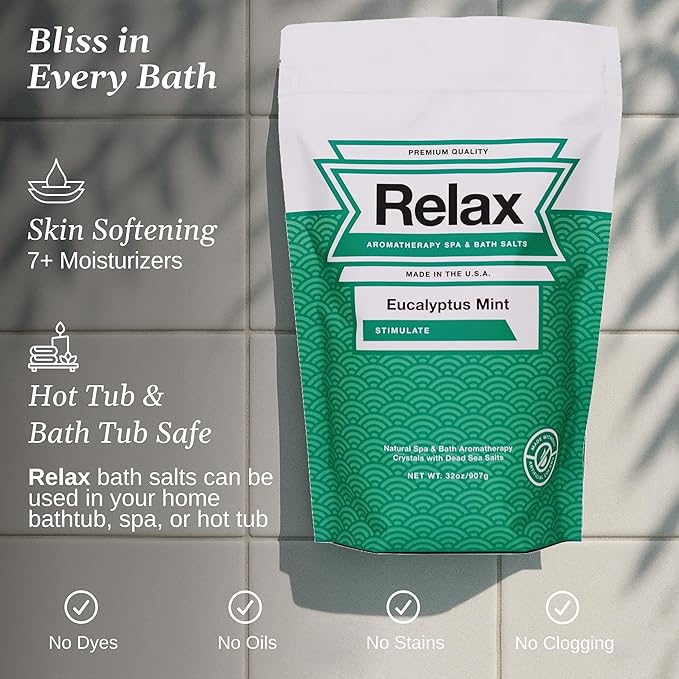 Relax Spa & Bath Aromatherapy Bath Salts for Hot Tub, Bath, or Spa, 2LB Bag Infused with Magnesium, Bath Salt for Soaking, Eucalyptus Mint Scent