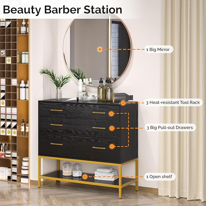 OmySalon Salon Stations for Hair Stylist, Barber Station with Mirror, 3 Drawers, Shelf & Tool Holders, Hair Storage Cabinet Organizer Table for Beauty Spa, Black