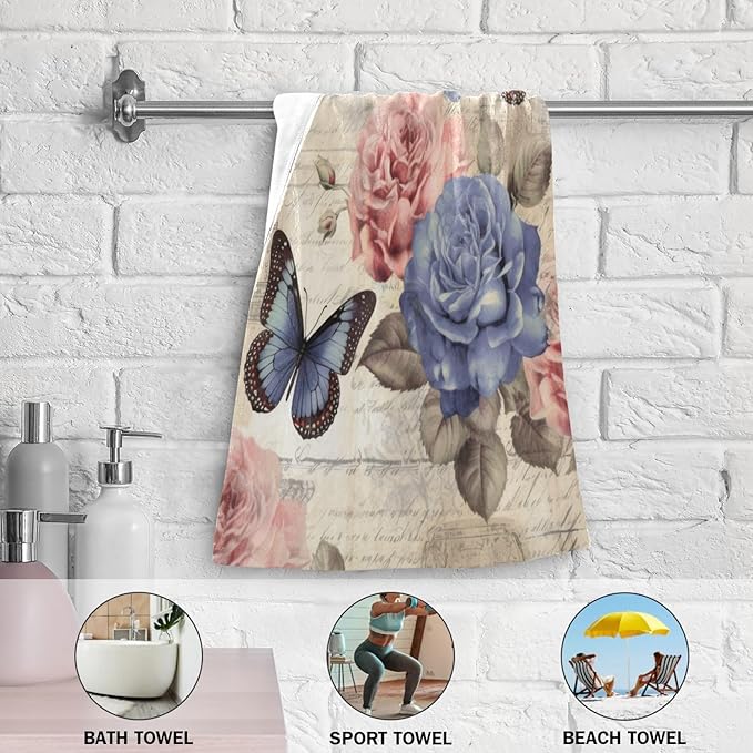 Vintage Pink Blue Rose Floral Butterfly Hand Towels for Bathroom Set of 2,Retro Peony Flower Decorative Bathroom Towels for Bath,Face,Hair,Soft Absorbent Dish Towels for Kitchen Decor 28"x14"