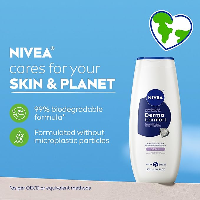 NIVEA Derma Comfort Caring Body Wash for Sensitive Skin, Body Wash with Hyaluronic Acid, Mothers Day Gifts, 16.9 Fl Oz Bottle, Pack of 3