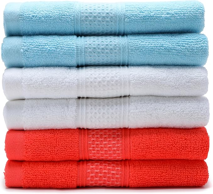 Cotton Hand Towels Set, 6-Piece Set(14in x 29.5in), Super Absorbent Quick Drying,Soft,Bathroom Towels,Suitable for Gyms,Kitchen,Gift(Watermelon Red,White,Sky Blue)