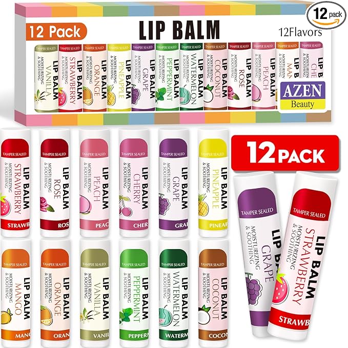 AZEN 12 Pack Lip Balm Bulk, Moisturizing Lip Balms for dry cracked lips, Mothers Day Gifts Easter Basket Stuffers - 12 Flavors