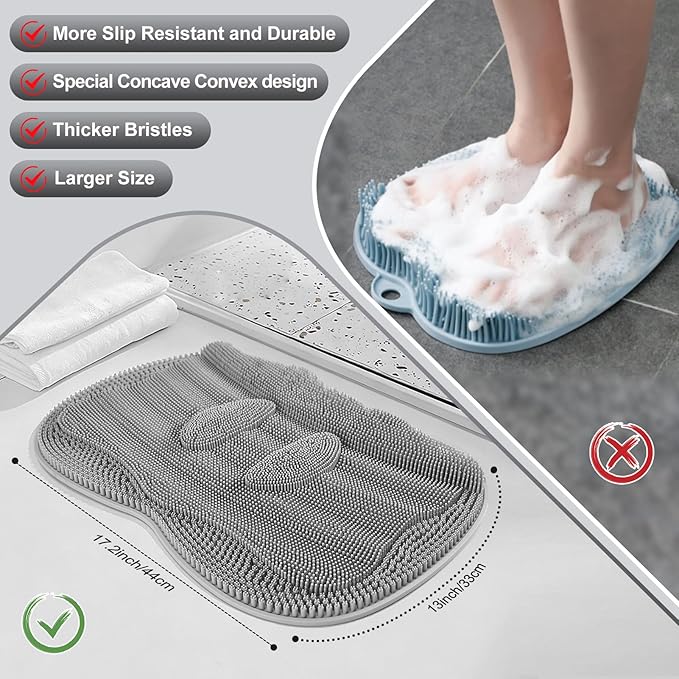 Bath Shower Foot Scrubber Mat - Silicone Shower Foot Scrubber Mat (XL) Cleaner Foot Toes Clean Pad Without Bending Non-Slip Suction Cups Bathroom mat 17.2 * 13 inch - Grey