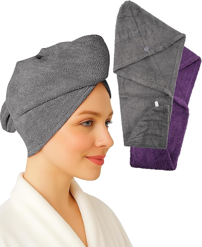 Textila 100% Cotton Hair Wrap Towels for Women (Pack of 2, Plum & Grey) – Soft & Absorbent Turban Towels for Long, Curly, Frizz-Prone Hair