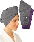 Textila 100% Cotton Hair Wrap Towels for Women (Pack of 2, Plum & Grey) – Soft & Absorbent Turban Towels for Long, Curly, Frizz-Prone Hair