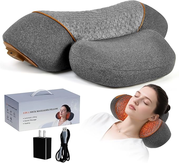 Mothers Day Gifts for Mom 3-in-1Rechargeable Neck Massager Pillow with Heat, Vibration & Traction, Deep Tissue Pain Relief, Neck Hump Corrector & Cervical Support for Home Office Travel