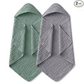 Yoofoss Hooded Baby Towels for Newborn 2 Pack 100% Muslin Organic Cotton Baby Bath Towel with Hood for Babies, Infant, Toddler and Kids,37.5"x37.5",Soft and Absorbent Newborn Essential,Grey&Dark Green