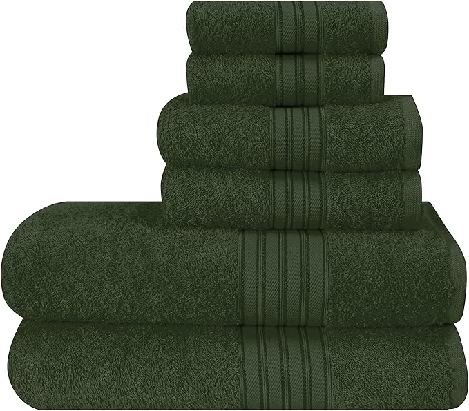 BOUTIQUO 6 Pack Cotton Towel Set, Contains 2 Bath Towels 28x55 inch, 2 Hand Towels 16x24 inch & 2 Wash Coths 12x12 inch, Ideal Everyday use, Ultra Soft Compact & Lightweight - Olive Green