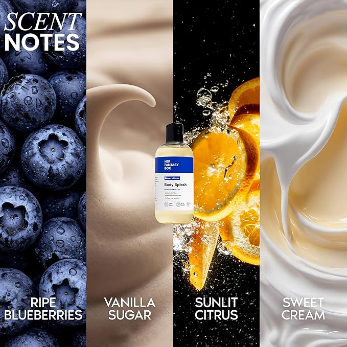 Her Fantasy Box | Body Splash Blueberry Crème Fragrance Oil – Fruity Creamy Berry Scent with Vanilla Sugar & Citrus Notes, Lightweight Hydrating Body Oil, Vegan & Cruelty Free