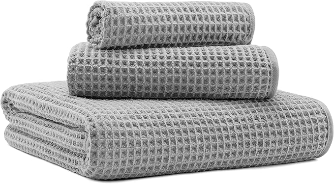 MICROFI New Microfiber Waffle Bath Towels, 3 Pieces, Oversized, Soft, Absorbent, Fast Drying, Lint Free, Includes Bath, Face and Hand Towels 430 GSM (Silver)