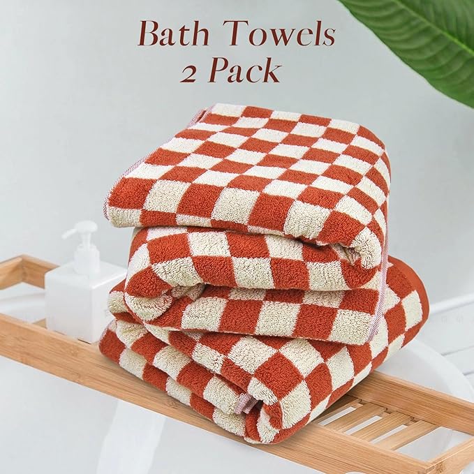 Jacquotha Ultra Soft Bath Towels 2 Pack - 520 GSM Cotton Highly Absorbent Checkered Towels Set for Bathroom Shower Pool Travel 55" x 28"(Coral)