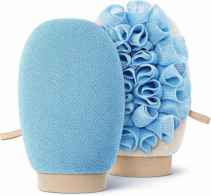 2-in-1 Exfoliating Glove for Self Tan Removal & Daily Shower, Dual-Sided Korean Body Scrubber Mitt with Loofah Sponge, Dead Skin Remover for KP, Ingrown Hair & Smooth Skin