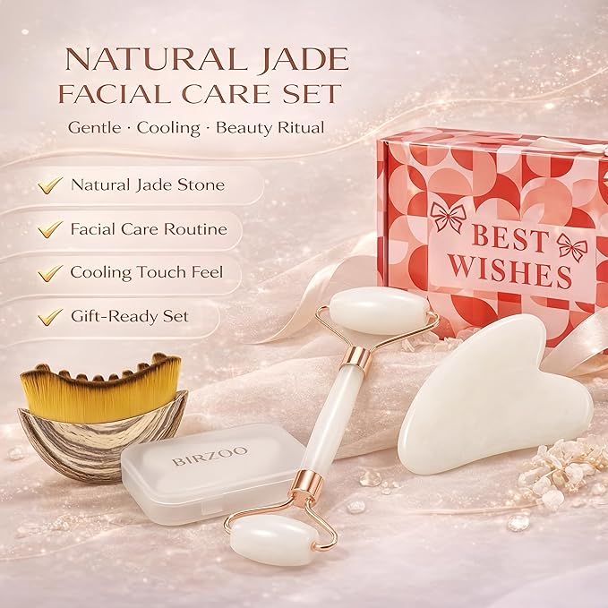 Lymphatic Contour Face Brush & Natural Jade Roller Set - Premium Xiuyu Jade Gua Sha Tool with Facial Massage Roller - Complete Skin Care Kit for Jawline Sculpting, Puffiness Relief