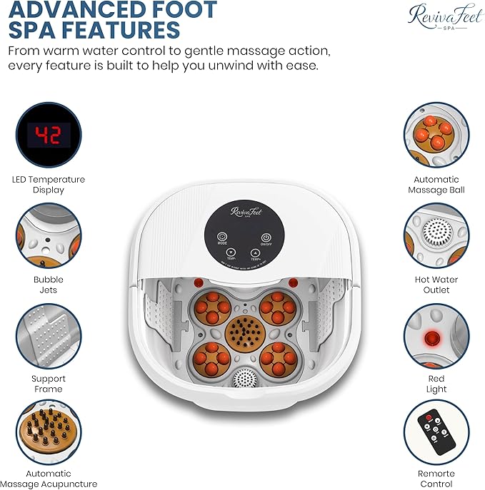 Collapsible Foot Spa Electric Rotary Massage, Heated Foot Bath with Bubbles and Temperature Control. Foot Bath Soak Tub with Remote, 16 Motorized Shiatsu Massage Balls & 16 Salt Bombs