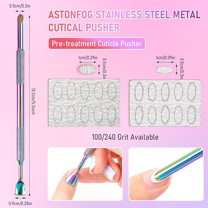 Dual Ended Cuticle Remover,Pre-Treatment Cuticle Pusher with 100#/240# Grit Sandpaper Sheets Pre-Treatment Cuticle Nail Tool for Salon & Home Use