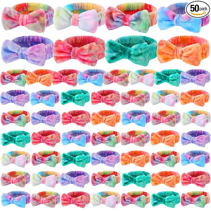 50 Pcs Pink Spa Headband Bulk Spa Sleepover Party Supplies for Washing Face with Removable Bow Makeup Elastic Bowknot Headband for Women Gifts Skincare Microfiber Hairband (Stylish Style)
