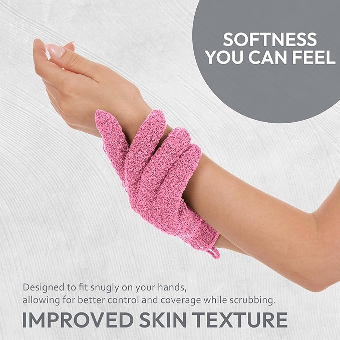4 Pairs Exfoliating Gloves, 100% Nylon, Dual Texture Body Scrub for Spa, Massage & Dead Skin Removal, Multi-Color Shower Bath Accessories (Cerise/Blush)