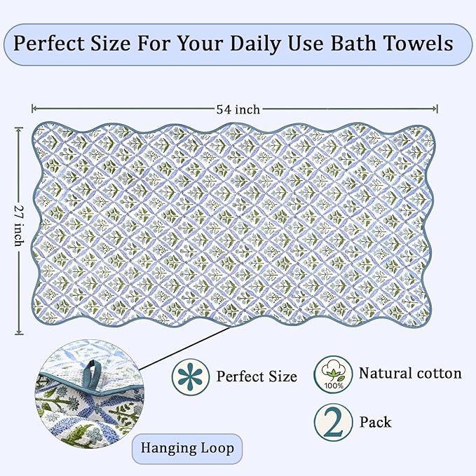 Ridhi Block Print Light Steel Blue Cotton Spa/Beach Towel 27"x54" Set of 2 Handmade Bath Towel, Quick Dry Turkish Style Bath, Soft Absorbent Luxury Towel for Home, Gym & Spa, Boho Bathroom Décor