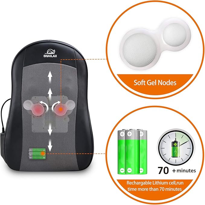 Snailax Cordless Shiatsu Back Massager with Heat Portable Kneading Massage Cushion Massage Chair Pad for Home Office use