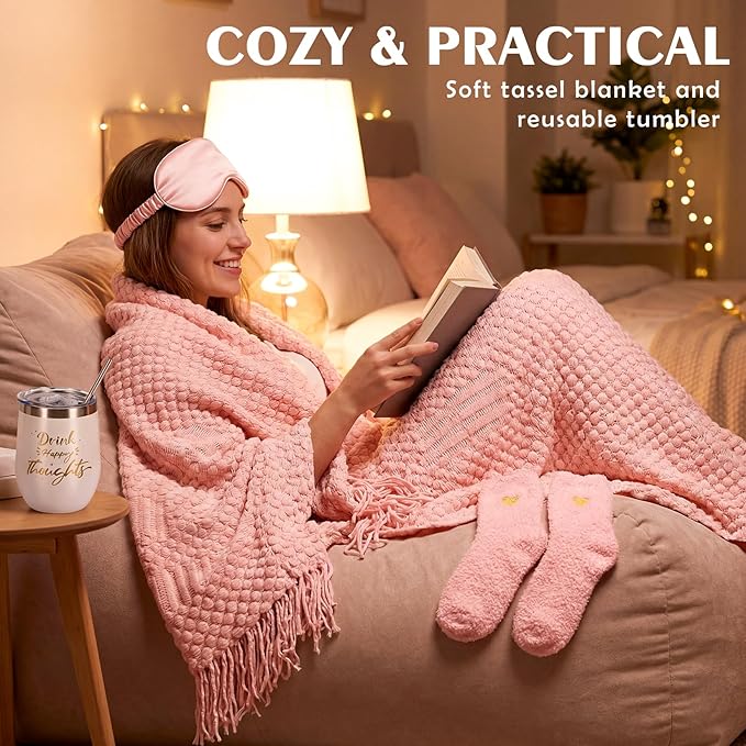 Birthday Gifts for Women,Mothers Day Gifts for Mom,Valentines Day Gift for Her,Self Care Spa Gift Basket with Blanket Candle Bath Bomb,Relaxing Spa Set,Get Well Package,for Mom Wife Sister Best Friend