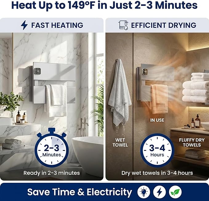Electric Towel Warmer, Heated Towel Rack with Thermo Control and Timer, Fast Heating Towel Rail for Bathroom with Memroy Function, Work with Smart Plug, Left-Wiring, 2 Panel, Silver