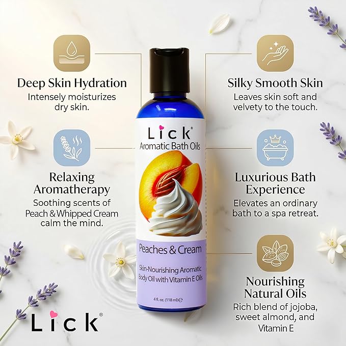 Lick Peaches and Whipped Ceam Aromatic Bath Oil - Indulgent Dessert Blends - Aromatherapy Soak Oils for Skin Softening, 4 oz