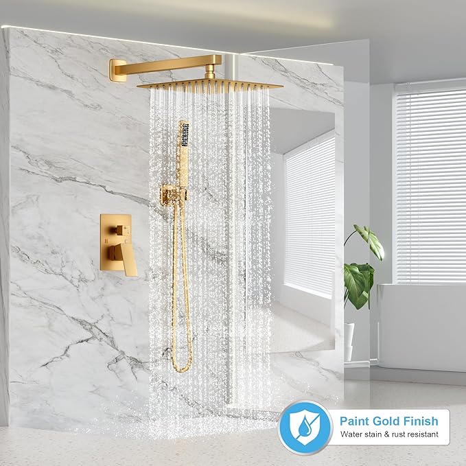FPXRNG Gold Shower Faucet Set, Rainfall Shower System with Rain Shower Head and Handle Set, Wall Mounted Shower Fixtures, Full Metal Trim Repair Kit 10 inch Paint Gold (With Shower Valve)