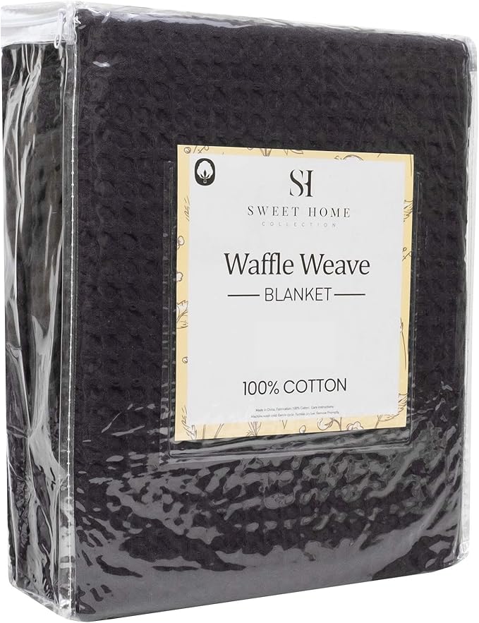 Sweet Home Collection 100% Fine Cotton Blanket Luxurious Weave Stylish Design Soft and Comfortable All Season Warmth, Full/Queen, Waffle Weave Black (Pack of 1)