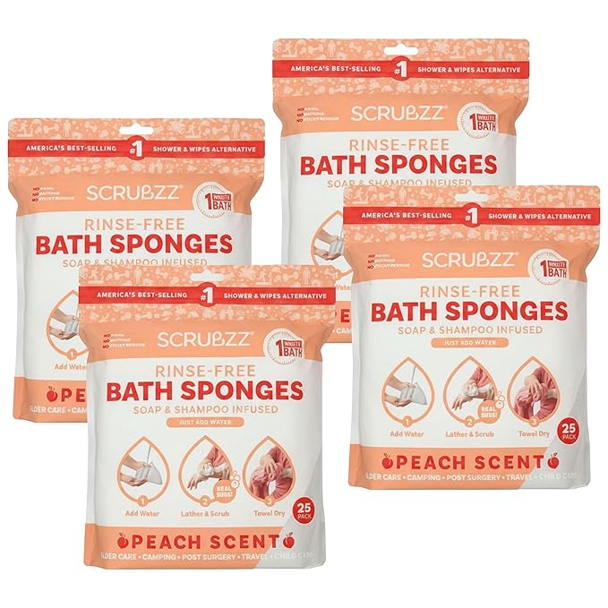 Scrubzz Disposable No Rinse Bathing Wipes - All-in-1 Single Use Shower Wipes, Simply Dampen, Lather, and Dry Without Shampoo or Rinsing (Peach, 4-Pack)