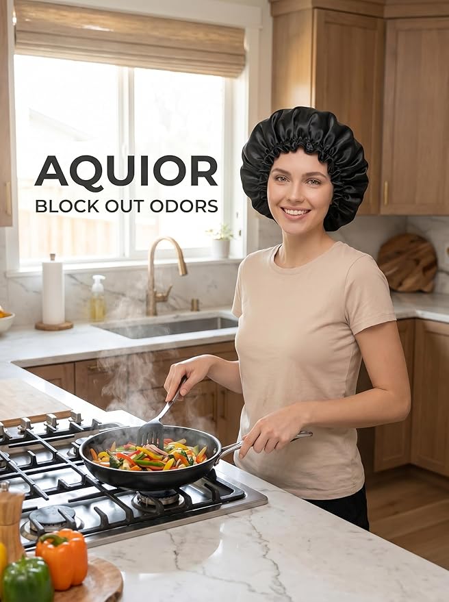 Aquior Shower Caps, Reusable Shower Cap for Women, Double Layer Waterproof Hair Cap, Large Size for All Hair Lengths,for Girls Spa Home Salon Use (Black)