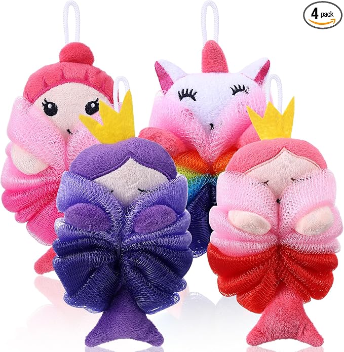 Tatuo 4 Pcs Animal Bath Loofahs Kids Body Loofah Cartoon Shower Cute Bath Sponge Pouf Body Scrubbers Mesh Sponge for Toddler Children Boys Girls Shower Baby Washing Exfoliating (Girls)
