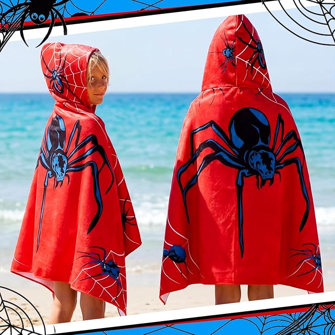 Peryiter 1 Pcs Spider Hooded Bath and Beach Towel 100% Cotton Pool Towels Wearable Bath Poncho Wrap for Swimming Shower Pool Travel Trips Vacations Cozy Absorbent Soft Beach Blanket