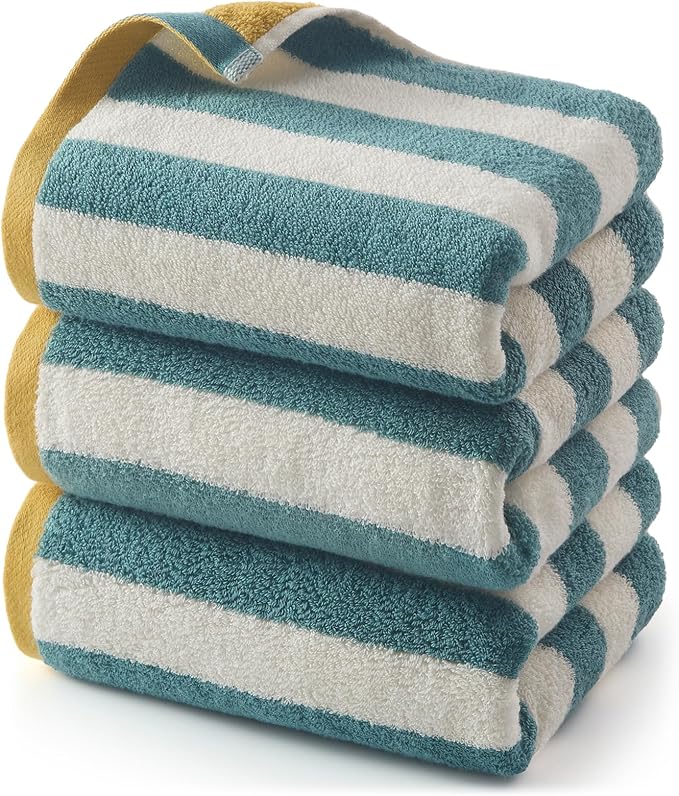 REDKISS 3-Pack Green Hand Towels for Bathroom - 12 x 28 Inches 100% Cotton Towels, Ultra Soft and Highly Absorbent Striped Hand Towel for Bath, Gym, Hotel, Kitchen and Spa