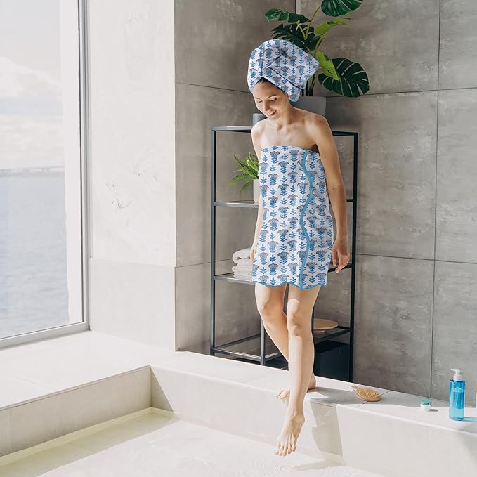Ridhi Block Print Aquamarine Blue Cotton Spa Towel 27"x54" Set of 2 Handmade Bath Towel, Quick Dry Turkish Style Bath Sheet, Soft Absorbent Luxury Towel for Home, Gym & Spa, Boho Bathroom Decor