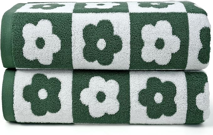 Jacquotha 2-Pieces Luxury Bath Towels Checkered Floral, Green Towels for Women Girls Shower Body 27.5x55 Inches, Cute Bathroom Decor, Cotton