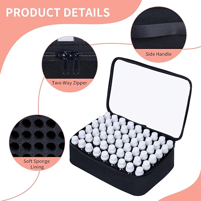 Essential Oils Carrying Case Holds 54 Grids for 1-3ML Roller Bottles 5ml, 10ml, 15ml Bottles Storage Organizer Bag Transparent, Essential Oil Bag with Detachable Pad Black